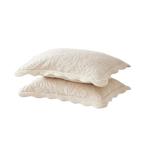 MarCielo 2-Piece 100% Cotton Quilted Pillow Shams Embroidered Farmhouse Pillow Shams (King, Natural Beige)
