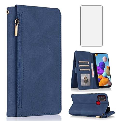 Asuwish Compatible avec Samsung Galaxy A21S Étui portefeuille en verre trempé protecteur d'écran fermeture éclair en cuir Flip Cover Porte-cartes Support...
