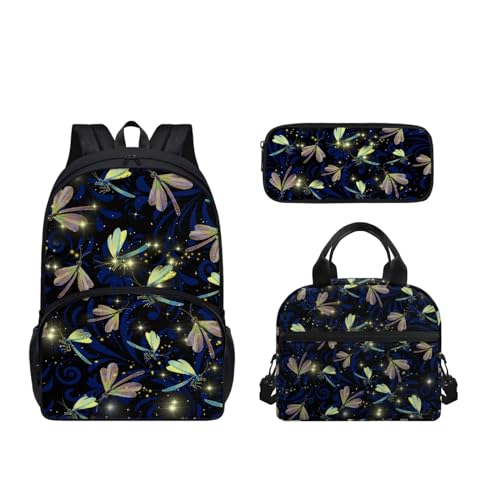 Zaino scolastico leggero per adolescenti ragazze ragazzi 3 in 1 borsa per libri di scuola con portapranzo zaini per bambini Libellula Bling