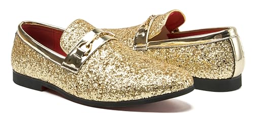 Image of Men Loafer Metallic Textured Slip-on Glitter Sequins Fashion Wedding Dress Shoes Golden