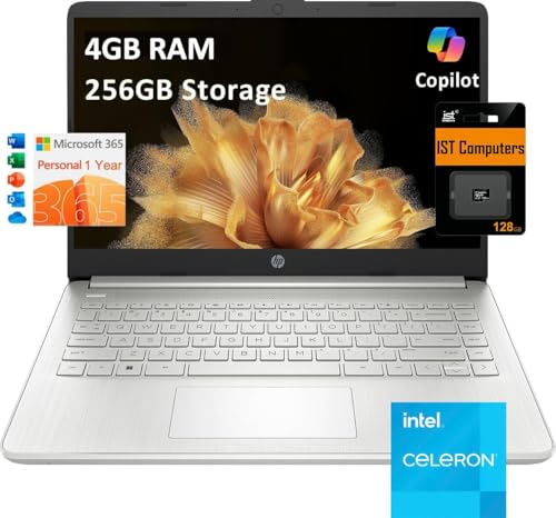 Image of HP 14 Laptop (14 inch HD, Intel Celeron N4120, 4GB RAM, 128GB eMMC + 128GB IST SD Card) for Home, Students, Business, 11-Hr Battery Life, Anti-Glare, 1-Year Office 365, Win 11 Home S w /AI Copilot, Silver