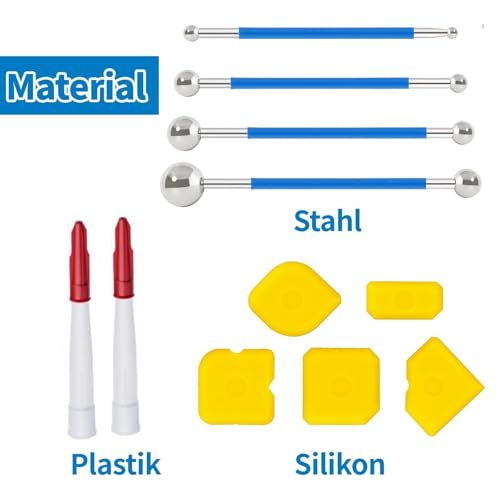 IUSOT 13 Stück Werkzeug Schaber Kit Fugenglätter Set, 3-in-1 Silikonabzieher Mit Metall Fugenabziehern, 4 Metallkugelabzieher, 5 Silikon-Fugenglätter, 2 Silikonspitzen, Komplett Caulking Tool-Set