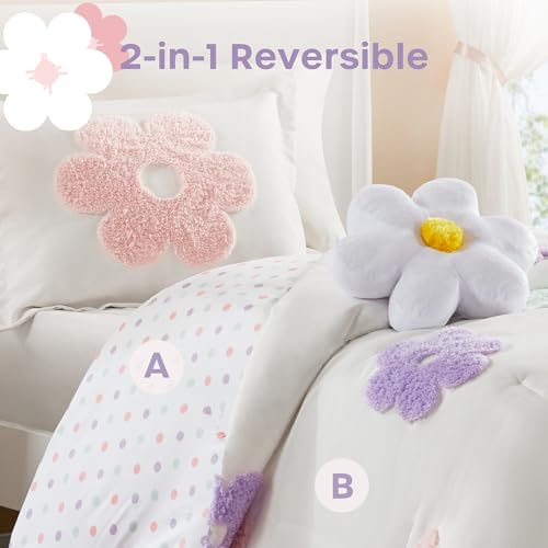 Urban Habitat Kids Twin Comforter Set for Girls, Tufted Chenille Floral Comforter Set Twin, Lightweight Polka Dot Comforter Reversible Bed Set, Sham, Pillow, Gracie, Twin White/Purple 3 Piece