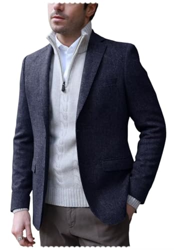 Men's Classic Herringbone Blazer Single Breasted Business Slim Fit Tweed Blend Sports Jacket