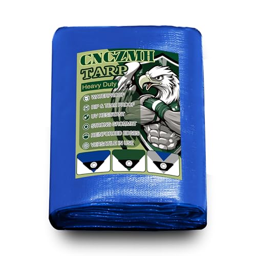 CNCZMH Tarp Heavy Duty Waterproof 10x12 Feet, 10 Mil Thick Blue Poly Tarps Outdoor, Metal Grommets, Reinforced Edges, Multipurpose Tarpaulin Protective Cover for Camping, Boat, Swimming Pools, Car