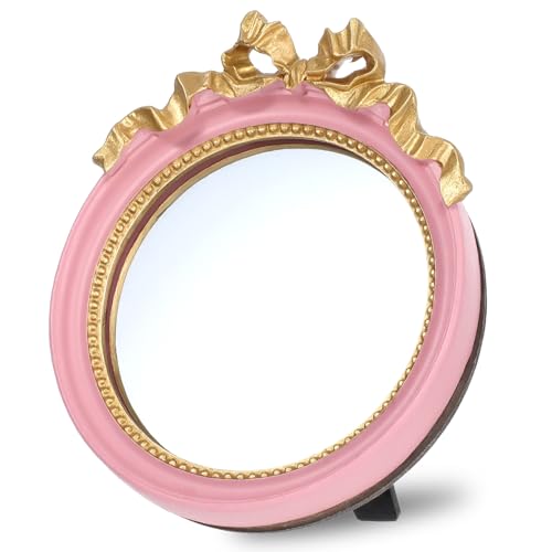 Xthrotsenk Small Desk Mirror 4.2'' Pink Vintage Makeup Wall Mirror Traditional Roundness Table Mirrors with Resin Frame Decorative Hanging Mirrors for Bedroom Bathroom Tabletop Wall