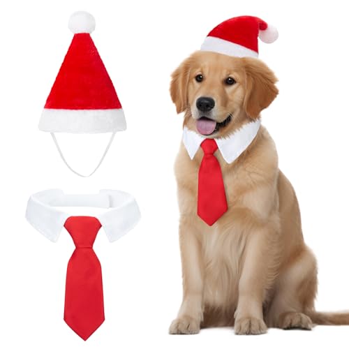 MELLIEX 2 Stück Weihnachten Hundekostüm, Hunde Katzen Weihnachtsmützen und Krawatte Weihnachtskostüm Zubehör Set für Haustier(46cm