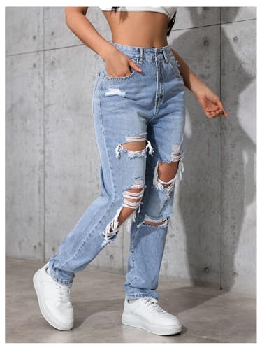 Floerns Women's High Waisted Distressed Jeans Straight Leg Casual Ripped Denim Pants2