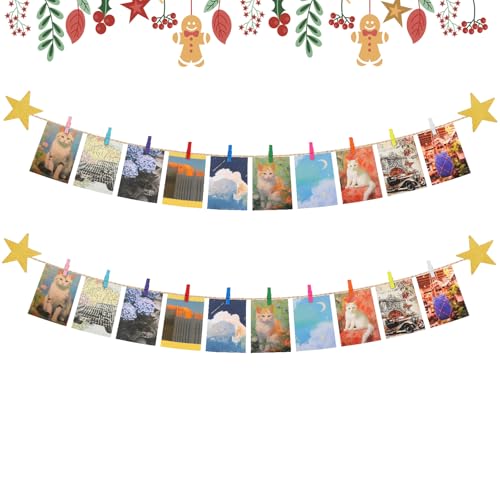 Geelin 2 piezas de decoración de pared para colgar en la pared, cuerda de yute de 5 pies, organizador de obras de arte para niños con 20 clips coloridos, 4 ganchos de estrella dorada para niños, obras