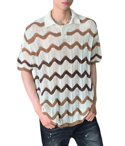 chouyatou Men's Casual Striped Polo Collared T-Shirt Short Sleeve Crochet Knit Blouse Shirts Hollow Out Tops