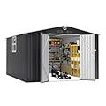Softkiss 10x12 FT Outdoor Storage Shed, Metal Garden Shed - Tool Storage Sheds with Lockable Doors & 1 Clear Window, Waterproof Outside Storage Building for Backyard, Patio (Black; Floor Not Included)