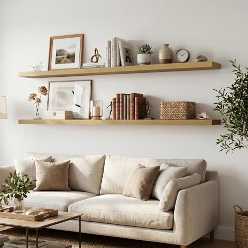 Image of Fun Memories 12 Deep Floating Shelves for Wall, 55W x 12D Extra Large Floating Shelves Set of 2, Hanging Wood Wall Shelves for Living Room, Kitchen, Bedroom, Farmhouse, Laundry Room, Office - Oak