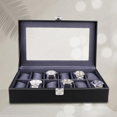 Image of Leather Watch Organizer with Glass Display (Black& grey, 12 Slots)