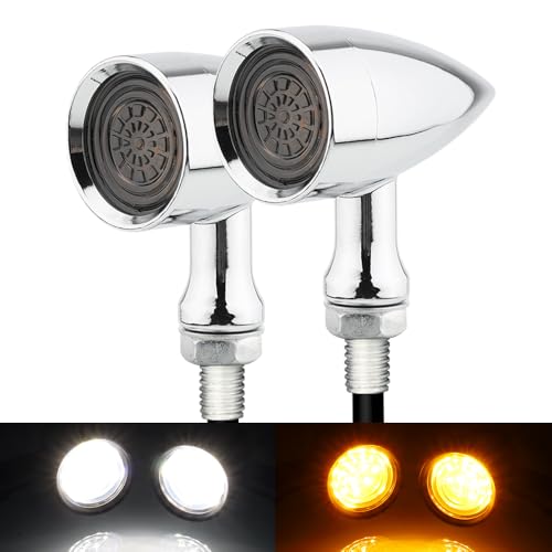 Image of TSUNG Universal Motorcycle LED Turn Signals Small Bullet Front Rear Blinkers Tail Lights for Cruiser Chopper Bobber Cafe Racer Street Bike (White&Amber Light-Chrome)