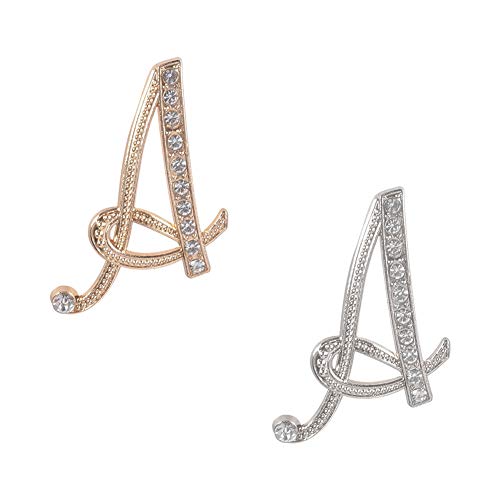 NBEADS 2 Pcs Alphabet A Alloy Brooches with Rhinestone Inlayed, Metal English Letter Brooch Pins Crystal Initial Lapel Pin Brooches for Cloth Collar Decor Wedding Party Gifts, Golden and Silver