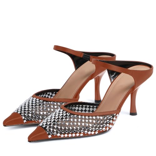 iadore Women Sexy High Heel Pumps Strappy Chic Slip-on Splicing Mesh Satin Pointed Toe Shoes Rhinestone Studded Summer Pumps Size 5-12 US