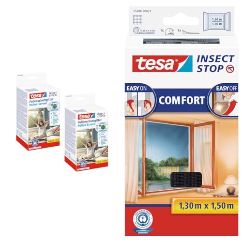 tesa Pollenschutzgitter im 2er Pack- zuschneidbarer, transparenter Pollenschutz & Insect Stop COMFORT Fliegengitter für Fenster - Insektenschutz mit Klettband selbstklebend