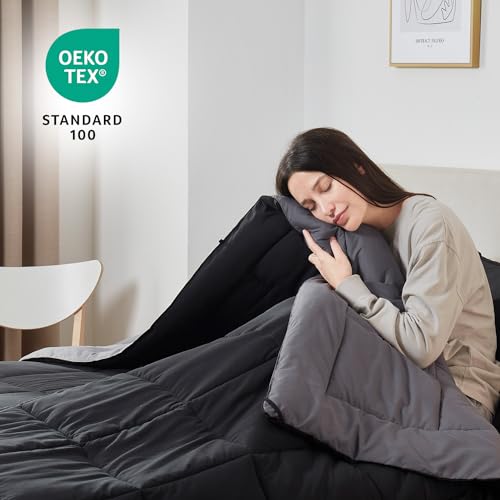 Image of Nestl 2 Piece Quilted Down Alternative Comforter Twin Size With 1 Pillow Sham - All Season Black /Grey Duvet Insert With Corner Tabs