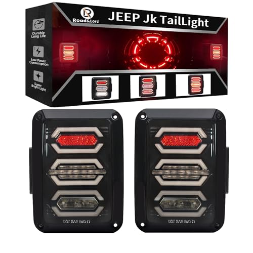 RoadandLord Wrangler JK Tail light, LED Wrangler JK Tail Light compatible with 2007-2018 Wrangler JK Brake Reverse Light Rear Back Up Lights Daytime Running Lamps DRL Black (Smoke Lens), 5676876