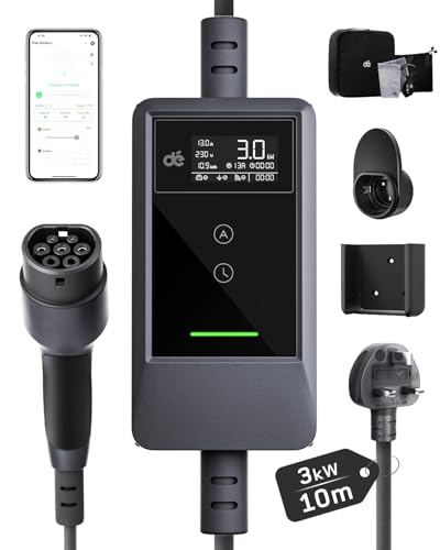 dé EV Charger 3 Pin Plug 10m with App 3kW Electric Car Charger Type 2