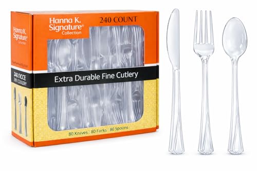 Hanna K. Signature 240 Count Clear Plastic Silverware Set, Heavyweight Elegant Disposable Cutlery Combo, 80 Forks, 80 Spoons, 80 Knives