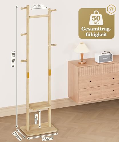Yorbay Garderobenständer Holz Freistehende Kleiderständer: mit Ablagen Haken Kleiderstange - Massivholz Garderobe für Kleidung Hut Jacken Tasche - für Wohnzimmer Schlafzimmer (38cm)