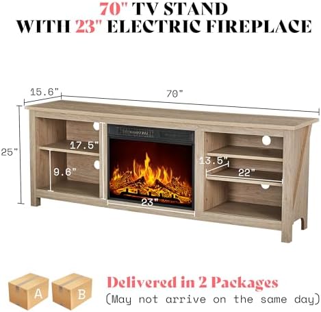 AMERLIFE Fireplace TV Stand, Wood Texture Entertainment Center with 23" Electric Fireplace, Farmhouse Entertainment Stand Media TV Console for TVs Up to 80", 70 inches, Natural Oak - Thumbnail 3