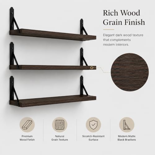 Image of Decazone Floating Shelves for Wall Storage Set of 3, MDF Board Bookshelves for Living Room, Bedroom, Kitchen, Office Sturdy Wall-Mounted Display, Bookcase, Decor (Wenge, Wide- 20 inch)
