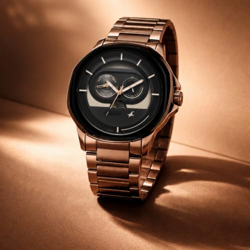 Image of Fastrack Street Opulence Sun Moon Multifunction Quartz Analog with Brown Dial Brown Stainless Steel Metal Strap Watch for Men - 3303KM06