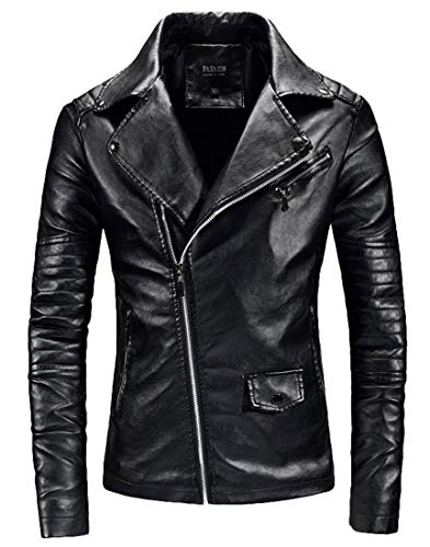 Men`s Casual Slim Fit Rider Trucker PU Faux Leather Jacket (X-Small, Black 2)