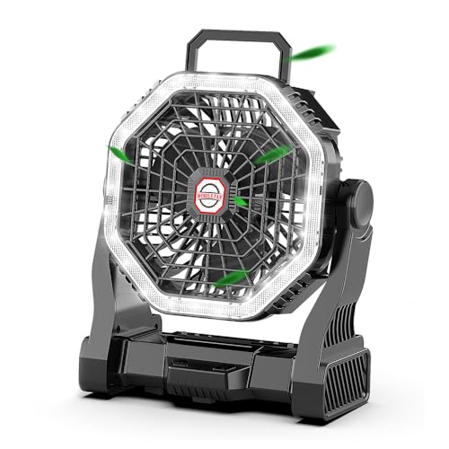 PEENHO Portable Camping Fan with LED Light - 10000mAh Rechargeable Battery, 4 Speed Modes, 270° Rotation, USB Output | Quiet Operation for Outdoor Adventures, Home, Office & Camping（Black