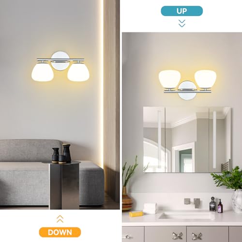 Image of Modern 2 Light Bathroom Vanity Light Chrome Vanity Light Bathroom Light Fixtures Over Mirror with Milk Glass Shade Bathroom Wall Sconce