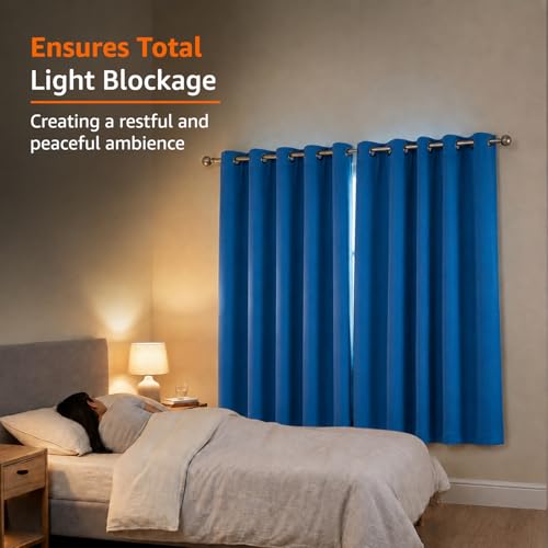Image of Amazon Basics - Room Darkening Blackout Door Curtains, 100% Room Darkening | 5 Feet |Set of 2| Plain Design | for Living Room and Bedroom | 115cmx 150cm, Color- Blue