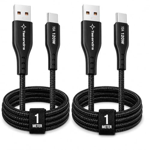 Image of (Pack of 2 120W Fast Charging USB to Type-C Cable, 1 Meter, 10A Charging & Data Sync, Nylon Braided Unbreakable Cable Compatible with OnePlus, OPPO, Realme, Samsung, Vivo, iQOO (100, 2)