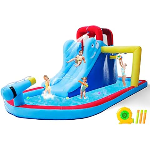 JOYLDIAS Inflatable Bounce House, Water Slide Bouncer Playhouse Castle w/Splash Pool, Climbing Wall, Basketball Hoop & Carry Bag, 480W Air Blower for Kids Backyard Indoor Outdoor Use, Free Water Gun Cover