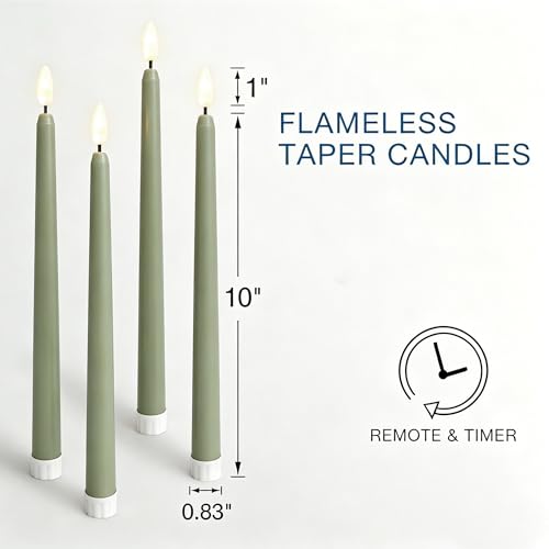 Image of Sage Green Flameless Taper Candles with Remote, Flickering Battery LED Candlesticks Home Decor Set of 4