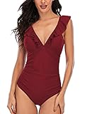 Damen Badeanzug mit Rüschen Volant Einteiliger Bademode V-Ausschnitt Strandbikini Monokinis Bauchweg Swimsuit, Rot, L (40-42)