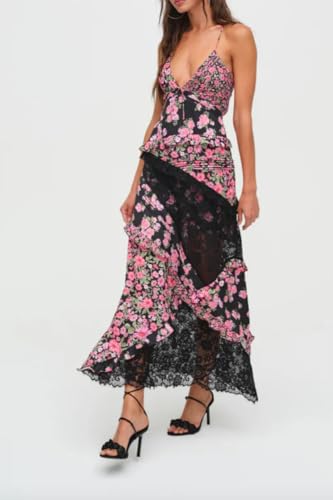 Image of SOOKABEILA Women Y2k Boho Maxi Dress Floral Lace Sheer Tiered Flowy Cami Long Dress 2025 Summer Smocked Beach Sundress