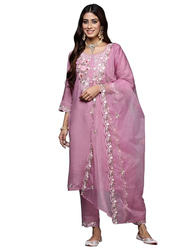 Image of INDO ERA Women's Embroidered Silk Blend Calf Length Straight Kurta Trousers With Dupatta Set