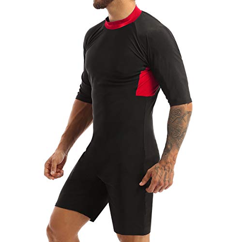 Mufeng Mens Round Neck Half Sleeves Color Block Shorty Wetsuit Diving Swimming Surfing Scuba Jumpsuit Red XL