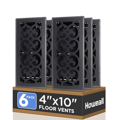 4x10 Inches 6 Pack Heavy Duty Walkable Floor Register - Easy Adjust Air Supply Lever Decorative Floor Vent Covers, Charlotte Design Vent Covers for Home - Matte Black