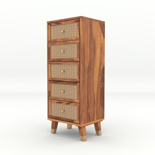 Image of Solid Sheesham Wood 5 Drawer Chest | Rosewood Chest of Drawers with Cane Front | Tall Storage Cabinet for Bedroom & Living Room (Natural Finish)