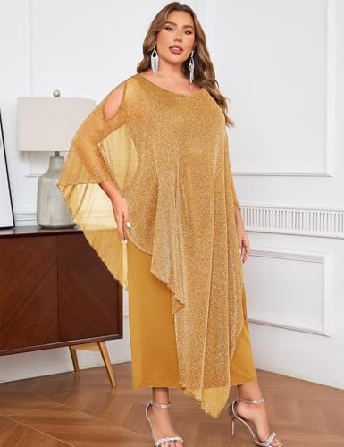 Image of ZOMVA Plus Size Elegant Formal Dress Long Cape Overlay Wedding Guest Formal Cocktail Mother of Bride Outfit