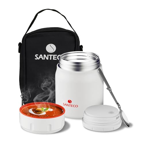 SANTECO Thermobehälter für Essen 500 ml, 18/8 Edelstahl Warmhaltebehälter Speisegefäß für Essen, Thermobecher Essen mit Löffel und Tragbarer Tasche, 12 Stunden Heiß & Stunden Kalt(Weiß)