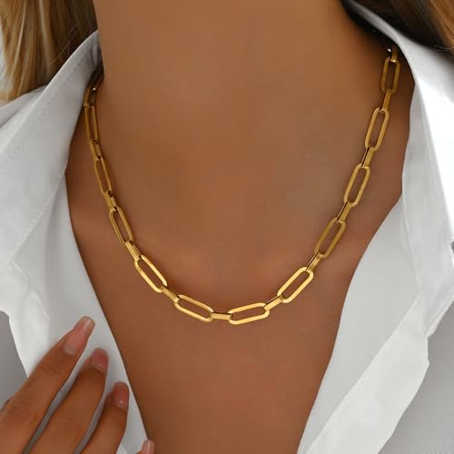 Chunky Necklace for Women 18K Gold Plated Thick Chain Dainty Figaro Cuban Paperclip Chain Simple Beaded Necklace Trendy Gold Chain Jewelry Gift3
