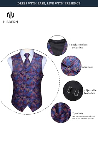 Image of HISDERN Mens Vest Tie Set 3PC Formal Waistcoat Paisley Floral Jacquard Necktie Pocket Square Suit Vests Wedding Party