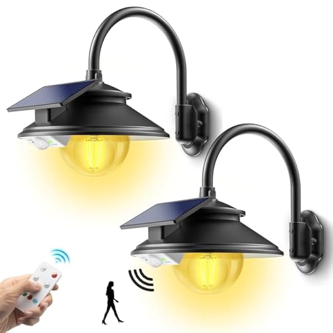 SIEDiNLAR Solar Barn Light Outdoor 3 Modes 2 Lighting, Garage Shed Light Gooseneck Farmhouse Wall Light Waterproof with Remote/Motion Sensor for Garage Barn Shed Porch Chicken Coop Black (2 Pack)