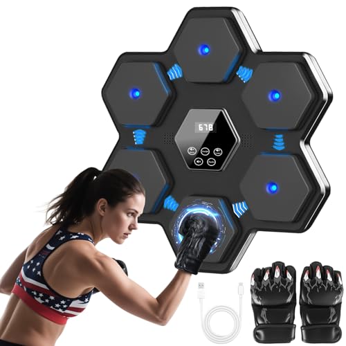 KAISASA Music Boxing Machine with Upgraded Smart Bluetooth & LED Display & Boxing Gloves - Wall Mounted Punching Machine for Home Gym, 9 Training Modes for Adults (Black)