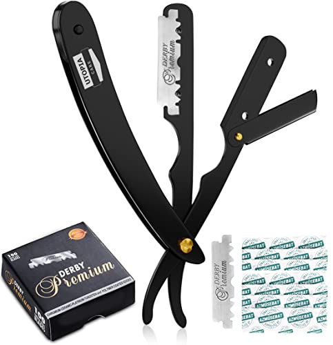 Utopia Care Professional Barber Straight Edge Razor Safety with 100-Pack Derby Blades - 100 Percent Stainless Steel (Black)