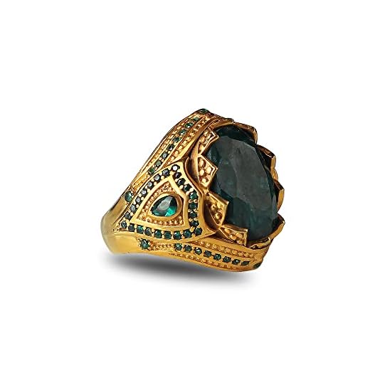 Emerald Stone Men Silver Ring, 925 Sterling Silver Gold Plated Emerald Gemstone Ring, Handmade Engraved Ottoman Turkish Silver Ring with Natural Emerald Stone